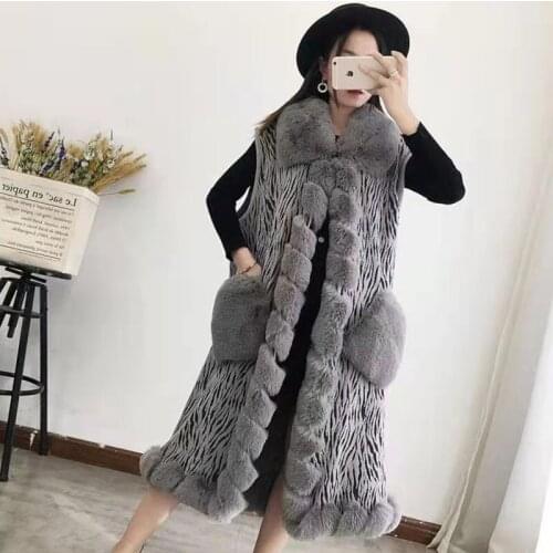 Fashion Winter Ladies OL Vintage Fur Collar Pocket Tank Streetwear Coat Knitted Cardigan Warm Soft Loose Vest Mid Length Sweater
