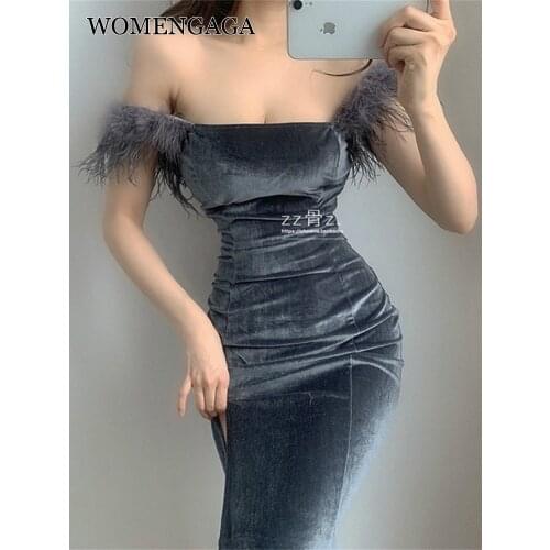 WOMENGAGA 2021 Sleeveless Tank Hairy Super Sexy Backless Temperament Lady Split Korea Vest Dress Dresses Women Velvet Robe YFPG