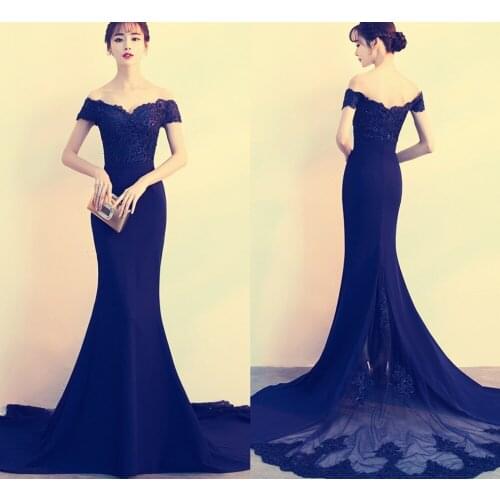 Robe De Soiree Mermaid Long Lace Appliques Evening Party Dress Navy Blue Elegant Vestido De Festa Appliques Prom Dress 2019