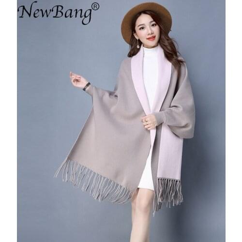 NewBang Brand Large Size Women' Elegant Socialite Cashmere Poncho Tassel Cardigan Sweaters Batwing Sleeves Scarf Cape Overcoats
