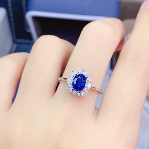 2 Carat Main Stone 5*6mm Natural Sapphire Open Ring 925 Silver Inlaid With AAA Zircon Ornaments