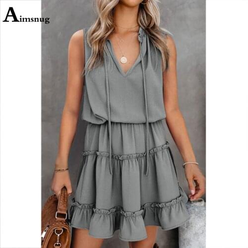 Plus size Women Fashion Lace-up Dress 2021 Sleeveless Casual Beach Dress Pleated Summer Casual V Neck Short Dresses Robe Femme