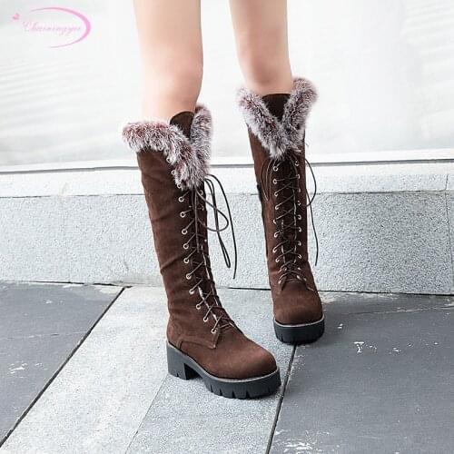 Winter warm riding boots round toe flock knee high boots fashion lace rabbit hair platform medium with chunky womens shoes