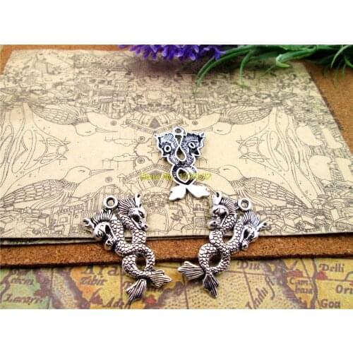 10pcs-- 21*35mm antique Silver one side long double dragon Charms Handmade Charms Pendants Jewelry Findings