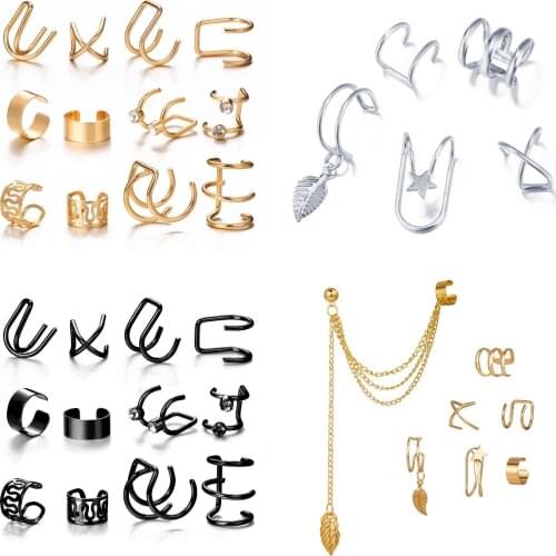12pcs/set Fashion Gold Color Ear Cuffs Leaf Clip Earrings for Women Climbers No Piercing Fake Cartilage Earring Accessories Gif
