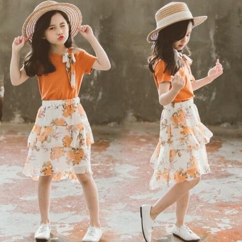 Kids Girl Clothes Sets Children Clothing Orange Pink Bow T-shirt+Print Skirt 2Pcs for Baby Girl Overall Suit