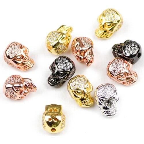 JHNBY 2pcs Skull Pendant Copper Spacer beads Micro Pave White CZ Charms Loose beads for Jewelry bracelet making DIY Accessories