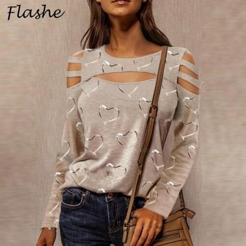 2021 Casual Heart Print Women T-Shirts Elegant Spring O-Neck Loose Pullover Tops Fashion Hollow Out Long Sleeves T-shirt S-3XL