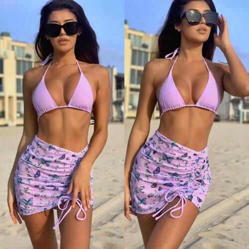 3 Stuks Vrouwen Badpak Halter Bikini Vlinder Print Trekkoord Ontwerp Zomer Zwemmen Pak Kleding Vestidos De Playa Para Mujer