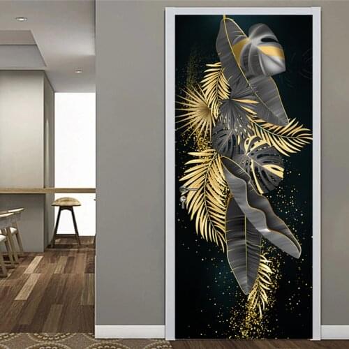 3D Door Decoration Wallpaper Golden Banana Leaf Modern Design PVC Self-adhesive Waterproof Sticker Mural Wall Decals Living Room