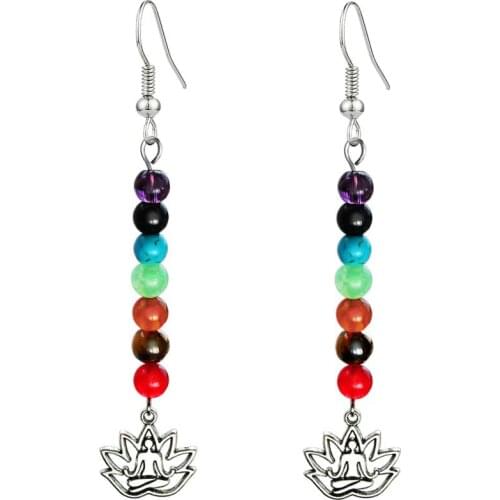 7 Chakra Healing Crystal Stones Long Dangle Energy Earrings Lava Rock StoneBeads Gemstone Healing Crystal Jewelry Birthday Gift