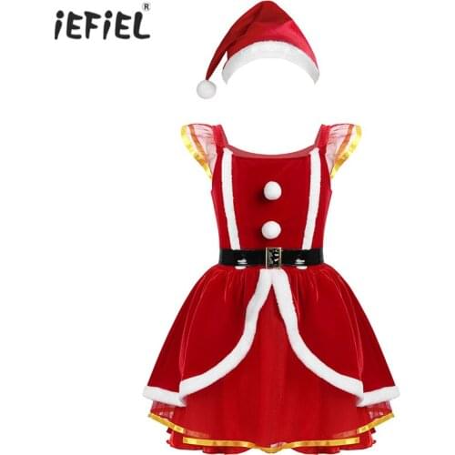Kids Girls Soft Velvet Christmas Santa Claus Fancy Dress Costume Princess Camisole Mesh Tutu Party Dress with Hat Girls Outfits