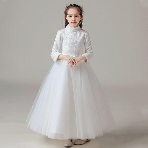 Flower Girl Dress Three Quarter Illusion Embroidery Bow Princess Floor-Length Luxury White High Lace Tulle Kids Party Gown H202