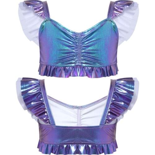 Kids Girls Metallic Mermaid Crop Tank Short Tops with Ruffles for Halloween Cosplay Party Costume New Year Christmas Costume