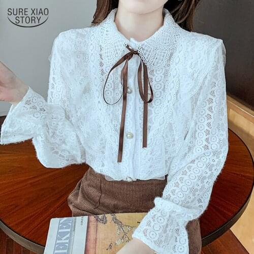 Elegant Stand-up Collar Long-sleeve White Blouse Autumn Lace Ruffled Stitching Bow Shirt Crochet Lacework Button Slim Tops 17030