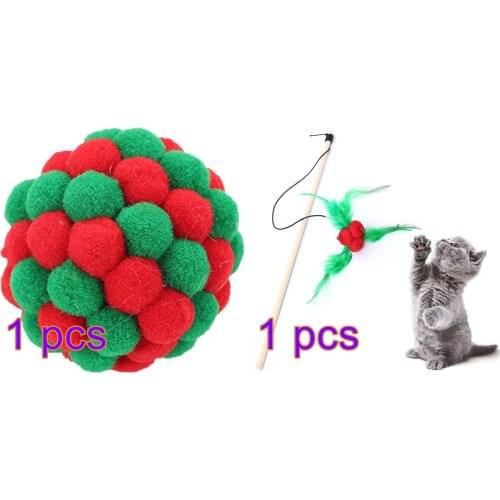 2pcs Pet Cat Toy Christmas Cat Teaser Wand Bell Pom Pom Faux Feather Cat Wand with Cat Chewing Ball Pet Accessories for Cats
