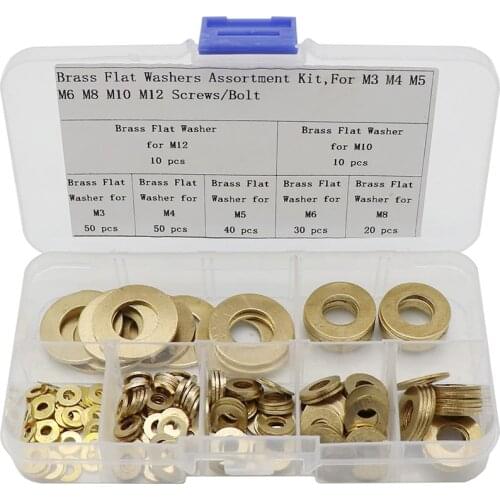 Brass Flat Washer Assortment Set,Copper Gasket Gasket Flat Ring Seal Assortment Kit(210 Pcs,M3-M12)