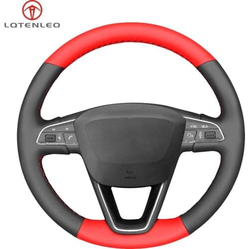 LQTENLEO Black Red Leather Car Steering Wheel Cover For Seat Leon 5F Mk3 2013-2019 Ibiza 6J Arona Ateca Alhambra 2016-2019