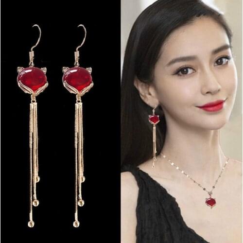 Sweet Cute Little Fox Drop Earrings for Women Gift Exquisite Red Opal Fox Alloy Long Tassel Earrings Creative Fashion Jewelry