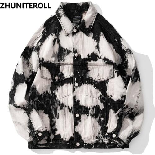 Tie Dye Graffiti Men Denim Jacket Punk Rave Jean Bomber Jacket Coat Hip Hop Mens Fashion Trends Techwear Streetwear Clothing