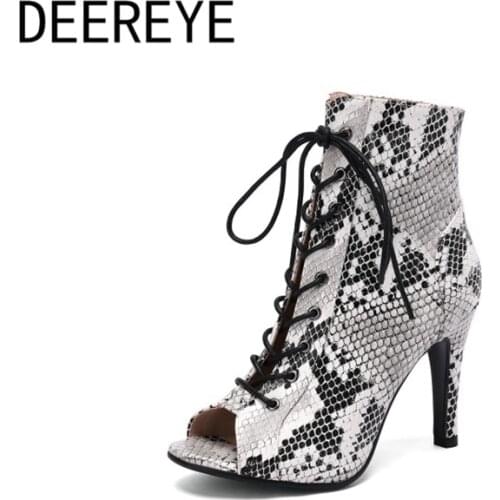 New Leopard Snake Print Flower Special Leather Front Lace Up Block High Heels Ankle Booties 9.5CM Open Toe Sexy Ladies Dance Sho