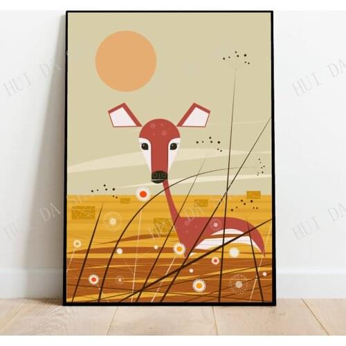 Deer in a farmers field, retro midcentury 1960s Illustration print/poster - nature poster - landscape print