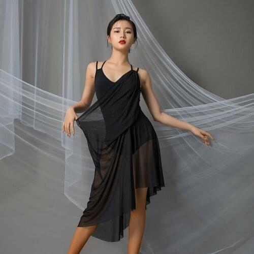 Sexy Ballroom Dress Summer Female Latin Dance Dress Black Mesh Back Cross Backless Sleeveless Sumba Clothing Professional L9650