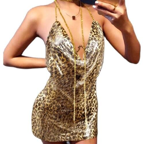 YACKALASI Club Women Party Dress Lepoard Print Metal Mesh Kendall Jenner Spaghetti Strap Sheath Hollow Out Spark Diamond Halter