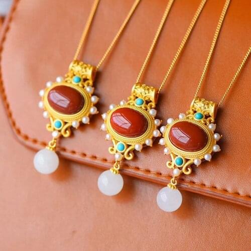 S925 Sterling Silver Inlaid Natural Southern Red Agate Pendant Necklace Embellished With Freshwater Pearls And Turquoise