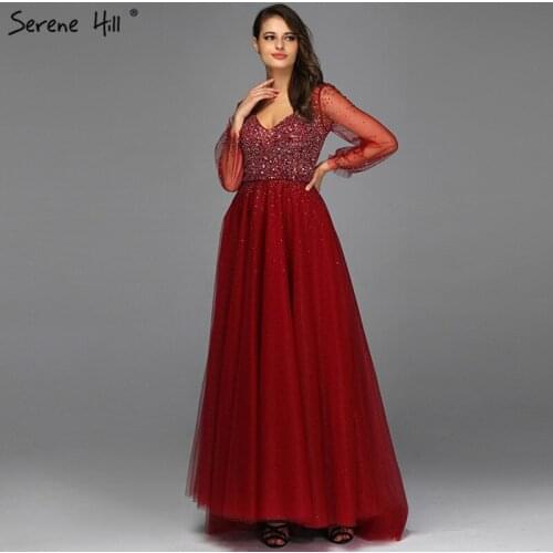 Serene Hill Burgundy Long Sleeves A-Line Evening Dress Design 2020 V-Neck Beading Crystal Formal Party Wear Gown CLA70143