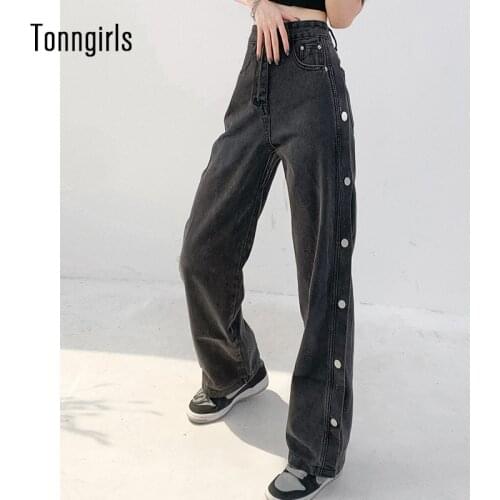 Tonngirls Plus Size Denim Jeans Womens Casual Loose High Waist Jeans Black Jeans Trousers Boton Split Denim Jeans Pants Oversize