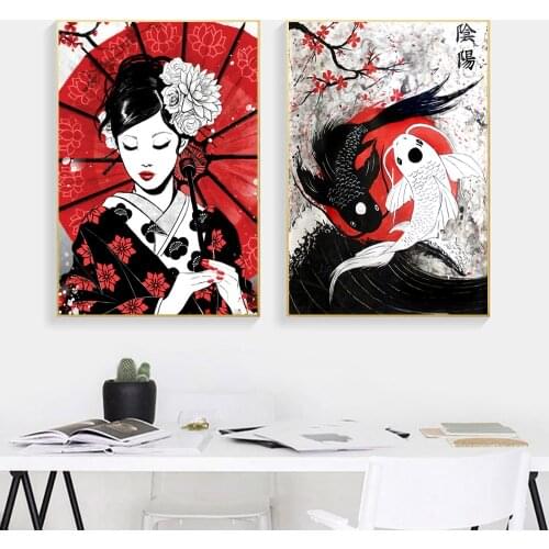 Japanese Artwork Geisha And Yin-Yang Fish Oil Paintings On Canvas Wall Art Poster And Prints Wall Pictures For Living Room Decor