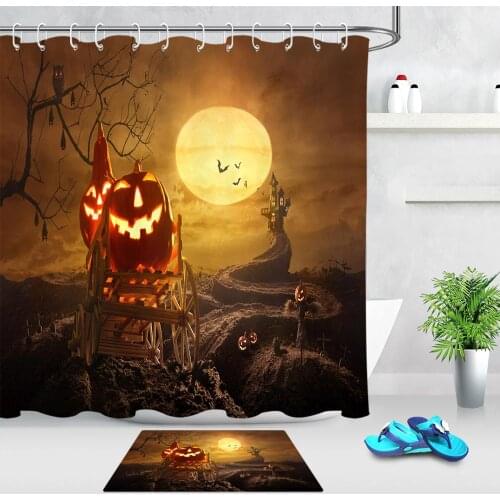 Halloween Night Full Moon Cliff Castle Pumpkin Scarecrow Pattern Shower Curtain Bathroom Waterproof Fabric & 12 Hooks Mat Sets
