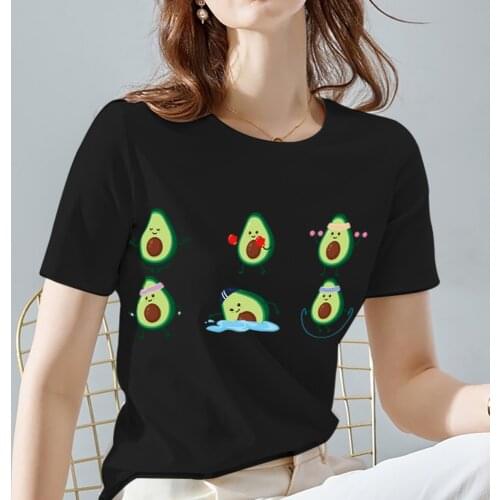 Women T-Shirt Avocado Graphic Cartoon Fruit Printing Tee Summer Vogue Black O-Neck All-match Short-sleeved Tops Dropshipping