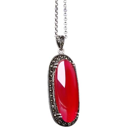 Retro Natural Oval Carnelian Real 925 Silver Pendnat For Women Vintage Style Silver Pendant Necklace Fine Jewelry