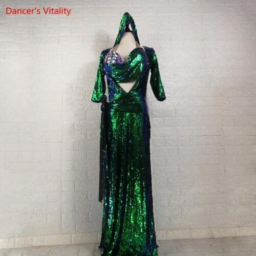 Belly Dance Female Adult High-end Sequins Headscarf+Bra+Robe+Belt Practice Clothes Suit Profession Custom Performance Long Skirt