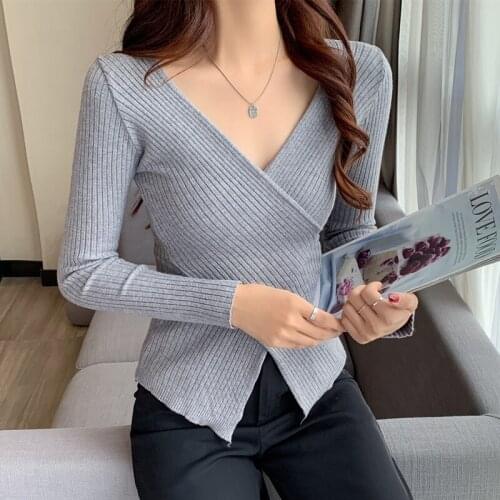 Womens Pullover Sweater Long Sleeve Knitted Sweater V-neck Slim Solid Color Woman Sweaters