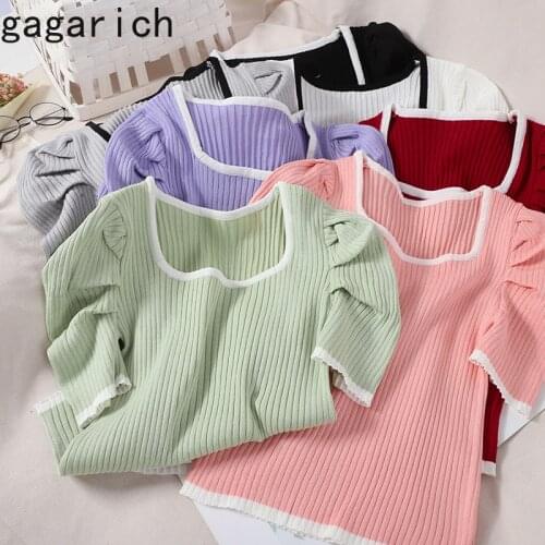 Gagarich Women Sweater Korean All-match Sweet Slim Pullover Knit Summer Girl New Contrast Color Square Collar Puff Sleeve Top