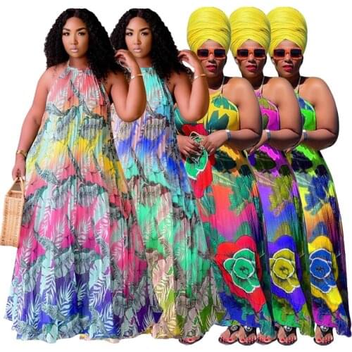 Bohemian Style Women Plus Size Halter Dresses 2021 Summer Sleeveless Backless Colorful Printing Pleated Floor-length Loose Dress