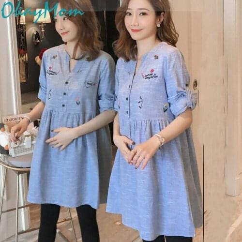 OkayMom Long Sleeve Maternity Blouse Shirts Dress Korean OL Blue Tops Tees For Pregnant Women Pregnancy Wear Shirt Dress Clothes