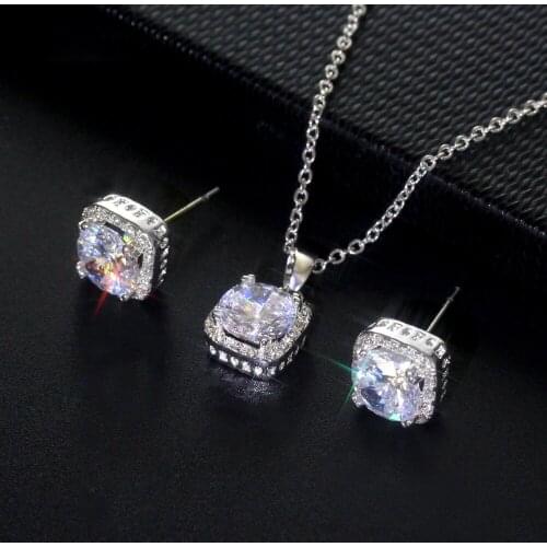 2PC Set New Style Fashion Square CZ Crystal Stud Earring/necklace Elegant Bride Eternal AAA Zircon Wedding Engagement Jewelry