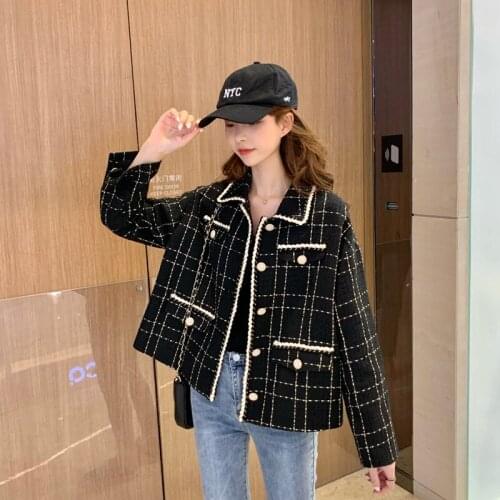 Korean Version Wide-waisted Pocket Button Casual Short Coat Female 2019 Autumn New Plaid Loose Slim Long-sleeve Short Coat