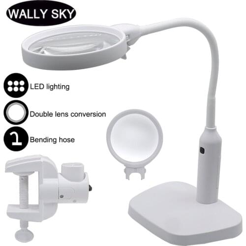 LED Desktop Magnifying Glass LED Dual Use Lamps Reading Magnifier with Table Edge Clip Sewing Embroidery Loupe Repair Watch Tool
