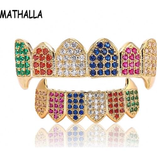 New Fangs Hiphop Colorful AAA Cubia Zircon Gold Vampire Teeth Grillz