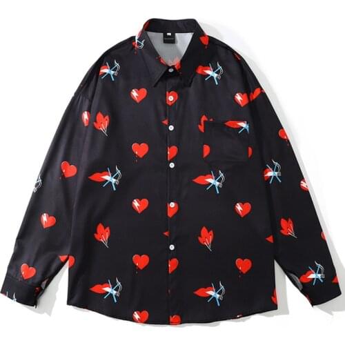 Mens Heart Flame Print Hawaii Shirts Male Harajuku Button Shirts Streetwear Autumn Long Sleeve Oversize Blouse camisa masculina