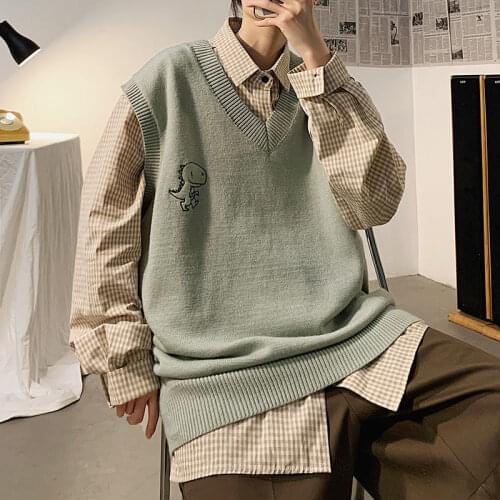 2020 Autumn Winter Mens Trendy Dinosaur Sweater Embroidered Loose V-neck Sweater Vest Woman Casual Streetwear Clothing