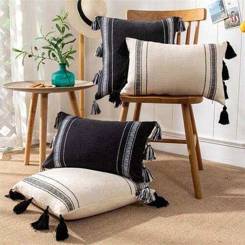 Black Beige Stripe Printed Pillow Cover with Tassels Home Decor Cushion Cover PillowCase Pillow Sham 30x50cm/45x45cm