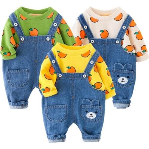 Spring New Product Suit Baby Boy Girl Print Top + Denim Bib 2Pcs Kid Cartoon Casual Sweater Jumpsuit Set Infant Children Outfit