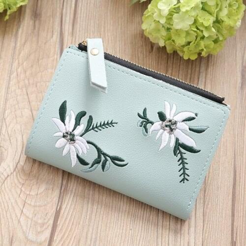 Wholesale Naivety Embroidery Short Wallet PU Leather Wallets Female Floral Hasp Coin Purse Zipper Bag Card Holders