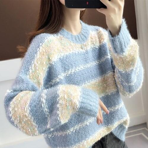 Fall Winter Womens Japanese Sweater Loose O Neck Long Sleeve Stripe Knitted Pullover
